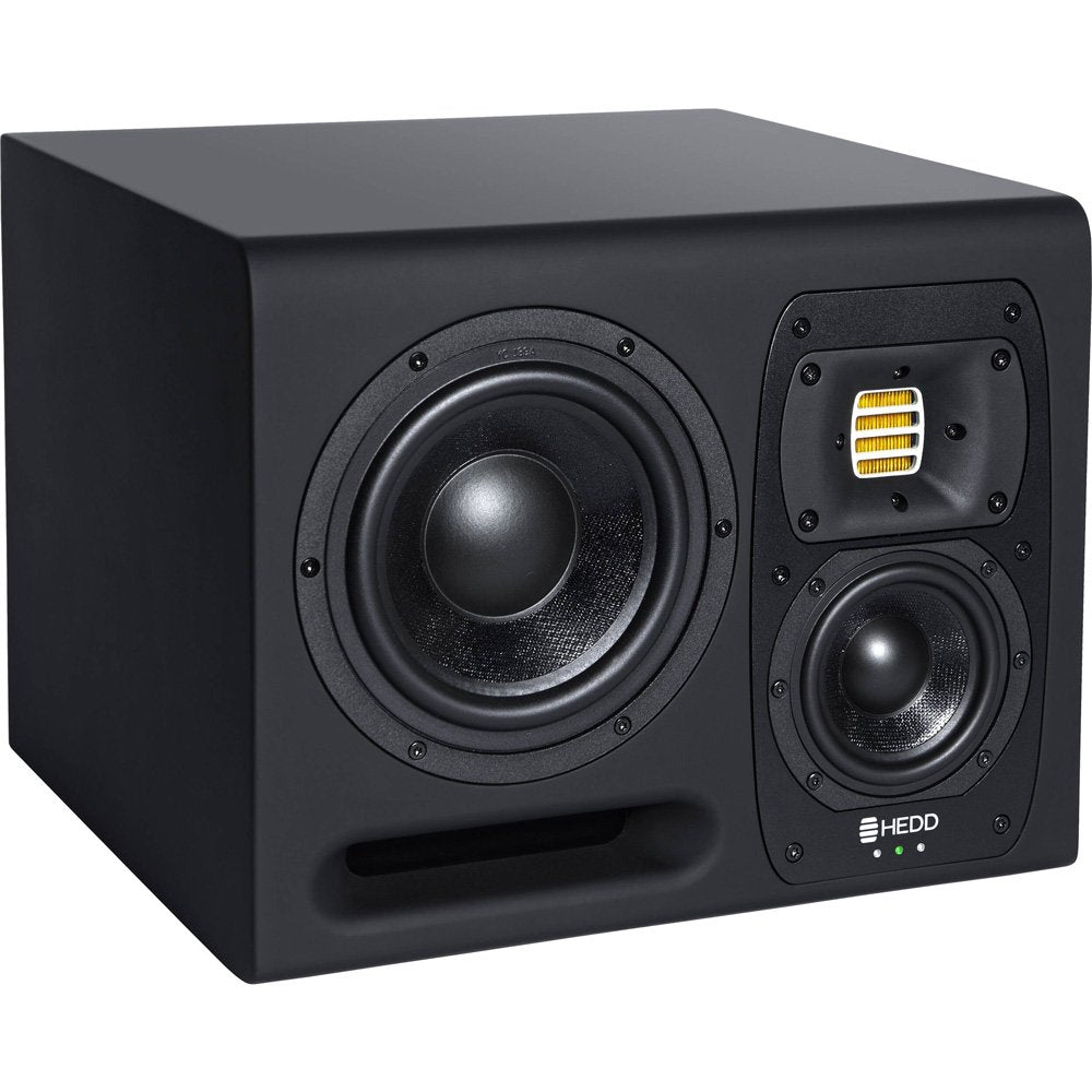 Black studio monitor speaker with three drivers including a yellow midrange driver and HEDD logo.
