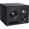 Black studio monitor speaker with three drivers including a yellow midrange driver and HEDD logo.