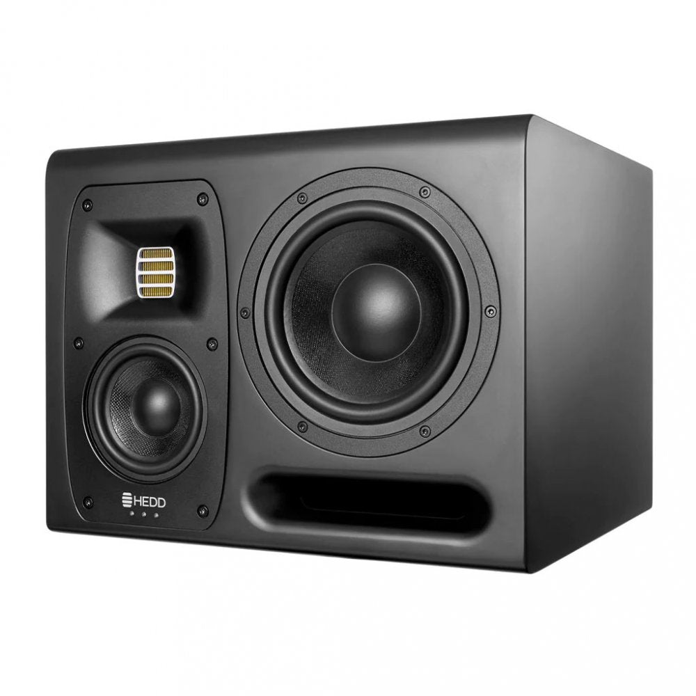 Black studio monitor speaker with three visible drivers and bass reflex port on front panel.