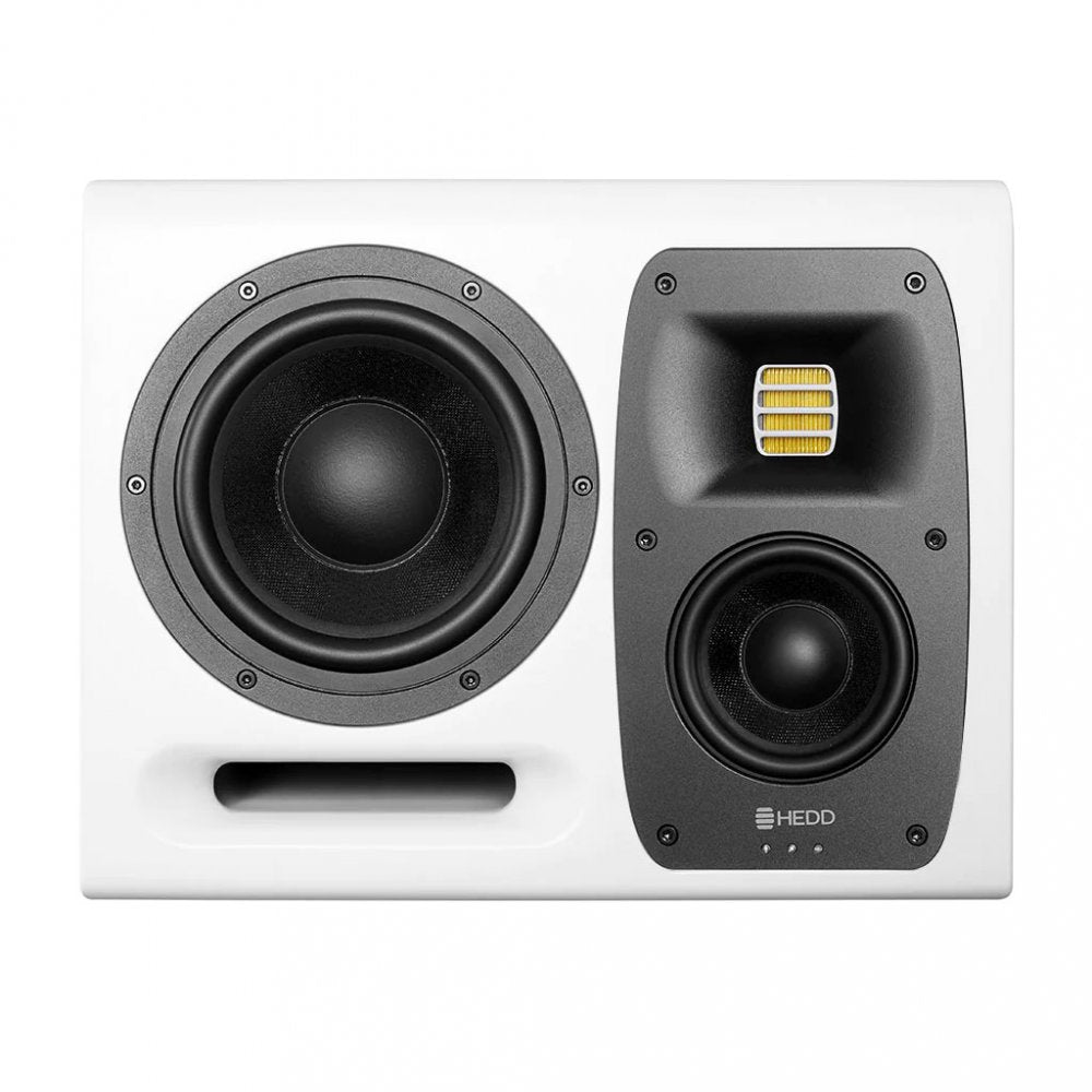 White studio monitor speaker with black drivers, a yellow tweeter, and the HEDD logo on the front panel.