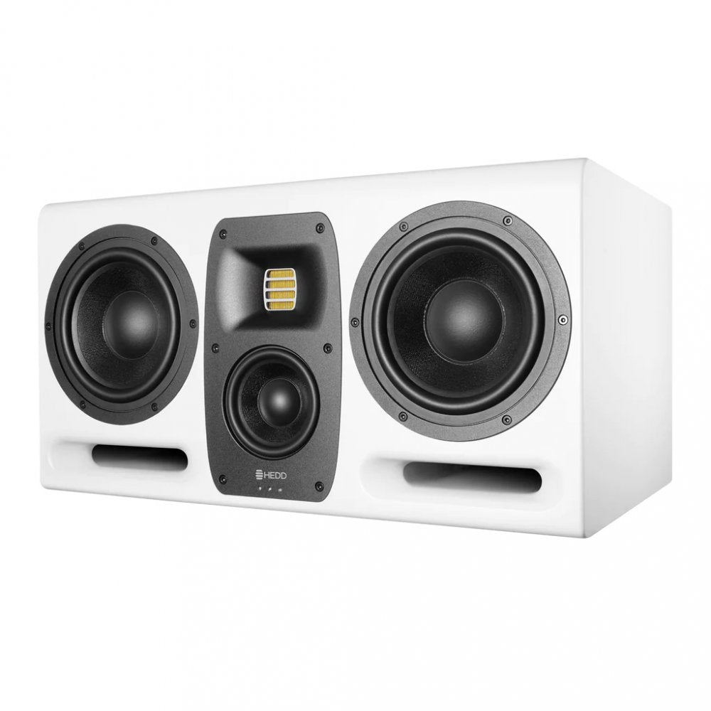 White studio monitor speaker with two woofer drivers and a tweeter with yellow elements on front panel.