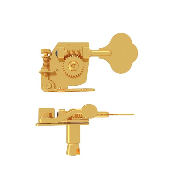 Gold-colored bass guitar tuner mechanism from two different side views against a white background.