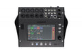 Black audio mixer with multiple XLR and 1/4 inch connectors, touchscreen display, and control buttons on front panel.