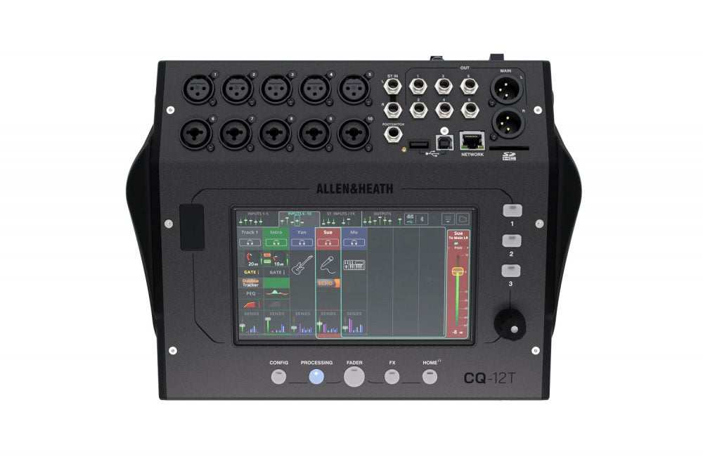 Black audio mixer with multiple XLR and 1/4 inch connectors, touchscreen display, and control buttons on front panel.
