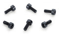 Six black metal socket cap screws arranged on a white background.
