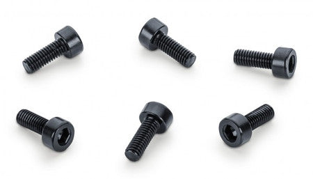 Six black metal socket cap screws arranged on a white background.