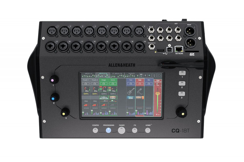 Black audio mixer with touchscreen, multiple XLR and combo input connectors, 1/4 inch outputs, USB and Ethernet ports.