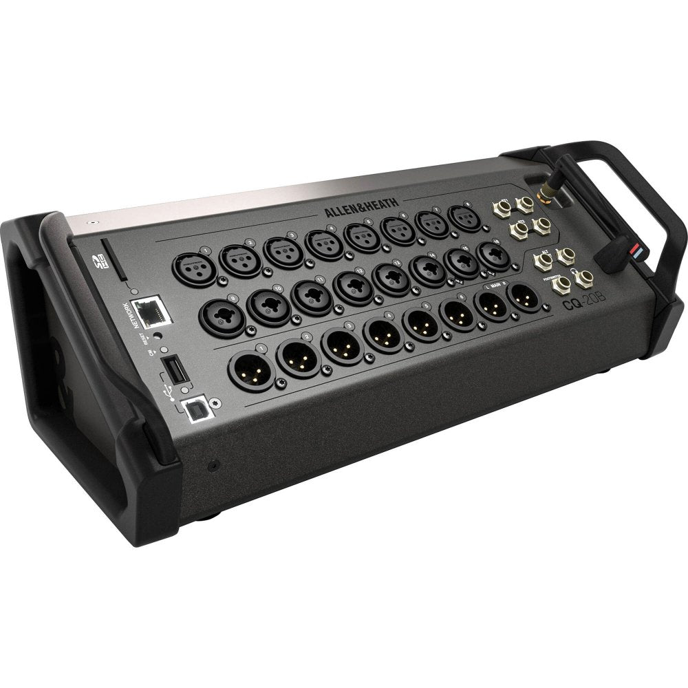 Black audio device with multiple XLR, combo jack, TRS connectors, USB and ethernet ports, and a rotary knob on angled panel.