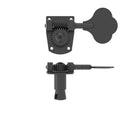Black metal bass guitar tuning machine with a clover-shaped tuning key viewed from front and side.