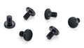 Six black knurled screws with flat heads arranged on a white background.