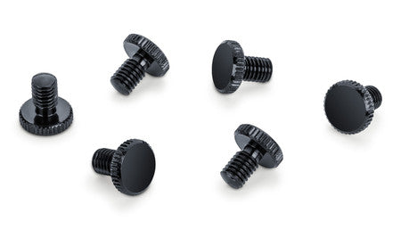 Six black knurled screws with flat heads arranged on a white background.