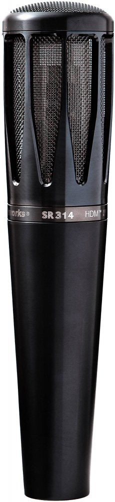 Black cylindrical microphone with a mesh grille and visible text including 'SR 314' and 'HDM'.