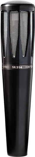 Black handheld microphone with metal mesh grille and visible model number SR 314 on the body.