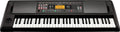 Electronic keyboard with 61 keys, joystick, multiple buttons, knobs, a dial, and a display screen showing settings.
