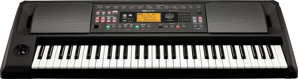 Electronic keyboard with 61 keys, joystick, multiple buttons, knobs, a dial, and a display screen showing settings.