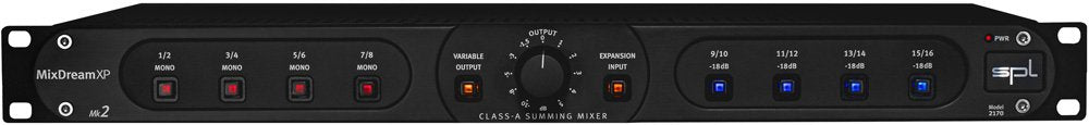 Black rackmount audio mixer with buttons and a central rotary output knob labeled MixDream XP Mk2.