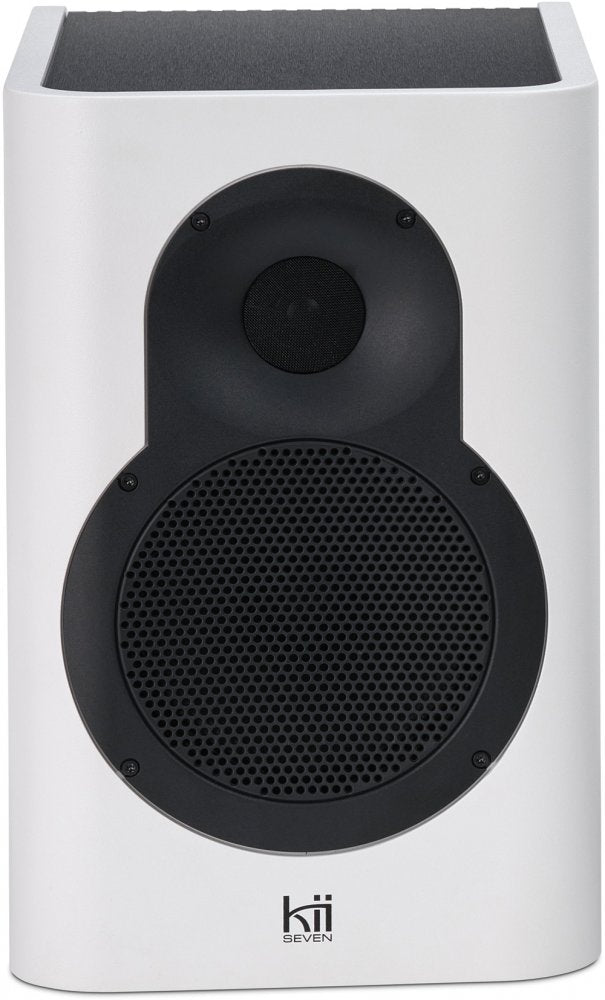 Front view of a white studio monitor speaker with black round speaker grilles and kii SEVEN branding.
