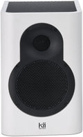 Front view of a white studio monitor speaker with black round speaker grilles and kii SEVEN branding.