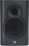 Front view of a dark grey Kii SEVEN speaker with visible tweeter and woofer covered by a metal mesh grille.