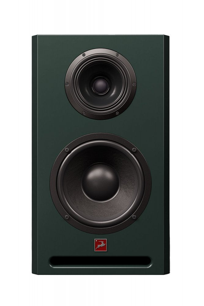 Front view of a dark green studio monitor speaker with two speaker drivers and a red logo.