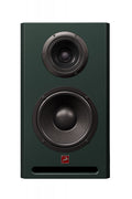 Front view of a dark green studio monitor speaker with two speaker drivers and a red logo.