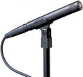 Black slender microphone attached to a stand with a cable connected to its end.