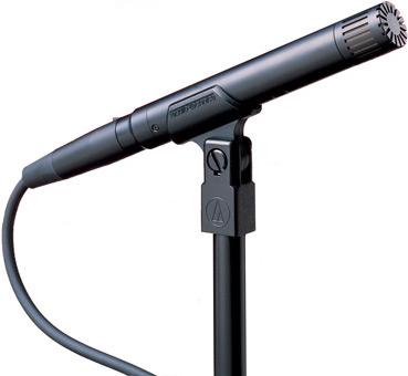 Black slender microphone attached to a stand with a cable connected to its end.