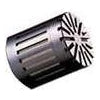 Close-up of a black and silver cylindrical microphone capsule with slotted openings and a grid pattern on one end.