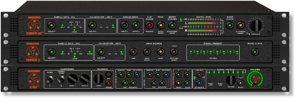 Front view of three stacked Dangerous Music rack-mount audio devices with controls and status LEDs.