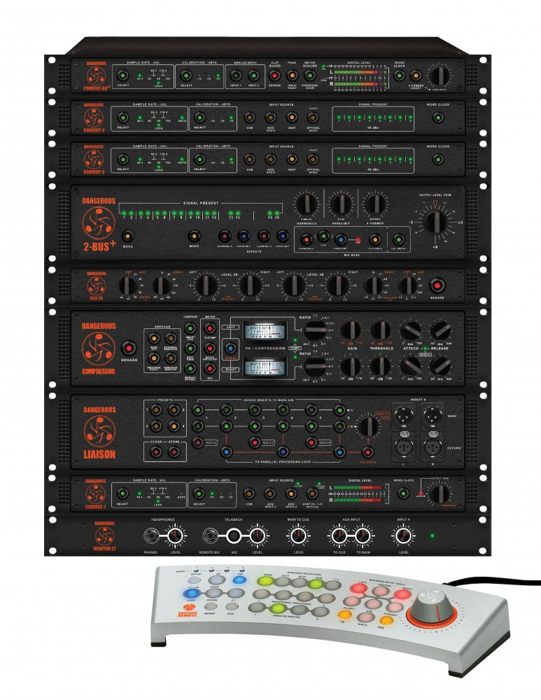 Rack of Dangerous Music System Complete studio hardware units, including Convert series AD/DA converters, BAX EQ, Compressor, Liaison analog router, 2-BUS+ summing mixer, and Monitor-ST monitor controller.