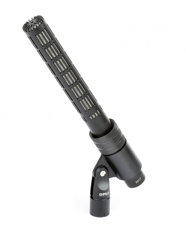 Black shotgun microphone labeled 2017 on a mic clip with DPA branding visible