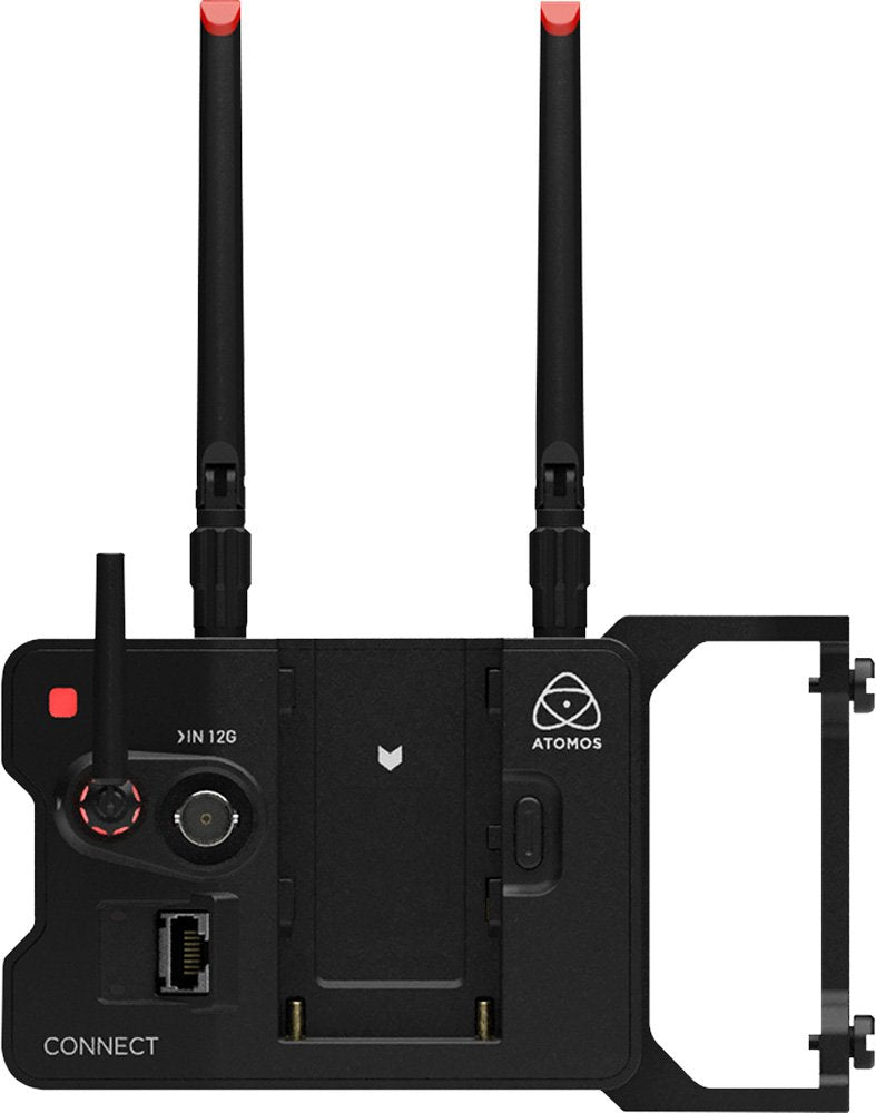 Black Atomos device with two antennas, multiple connectors, and a side bracket attached