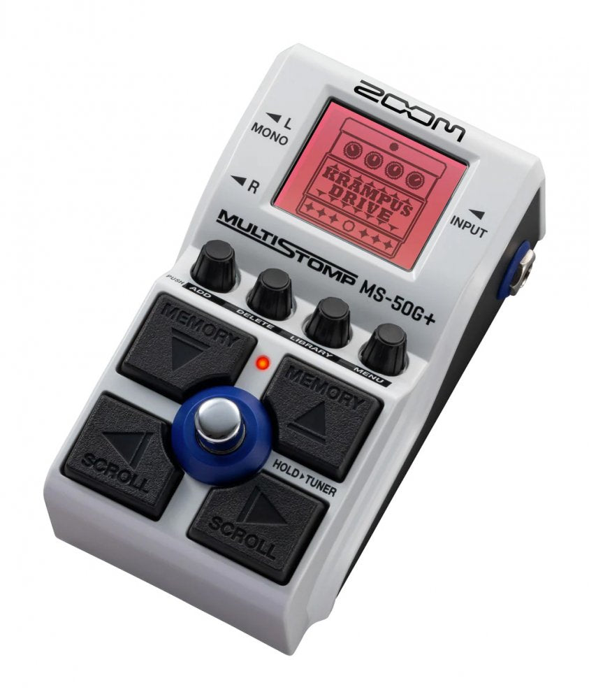 White multi-effects pedal with screen displaying Krampus Drive and multiple black buttons and knobs