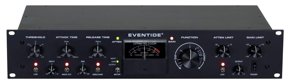 Black rackmount audio processor with multiple knobs, switches, and a meter labeled Omnipressor by Eventide.