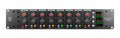 Front view of rackmount audio device with 8 channels, each with gain and trim knobs and status indicators.