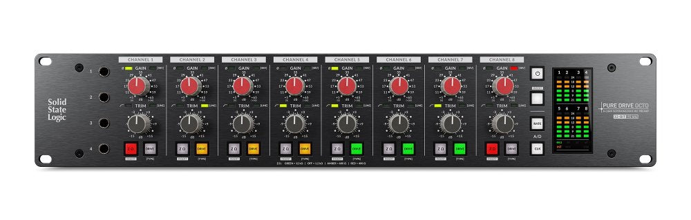 Front view of rackmount audio device with 8 channels, each with gain and trim knobs and status indicators.