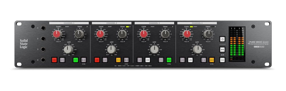 Front panel of a Solid State Logic Pure Drive Quad with four channel controls and LED level meters.