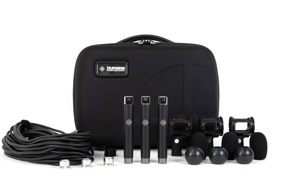 Three small black microphones with accessories and a black carrying case with TELEFUNKEN logo