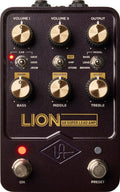 Black and gold distortion pedal with multiple knobs, switches, and two footswitches, labeled LION '68 SUPER LEAD AMP.