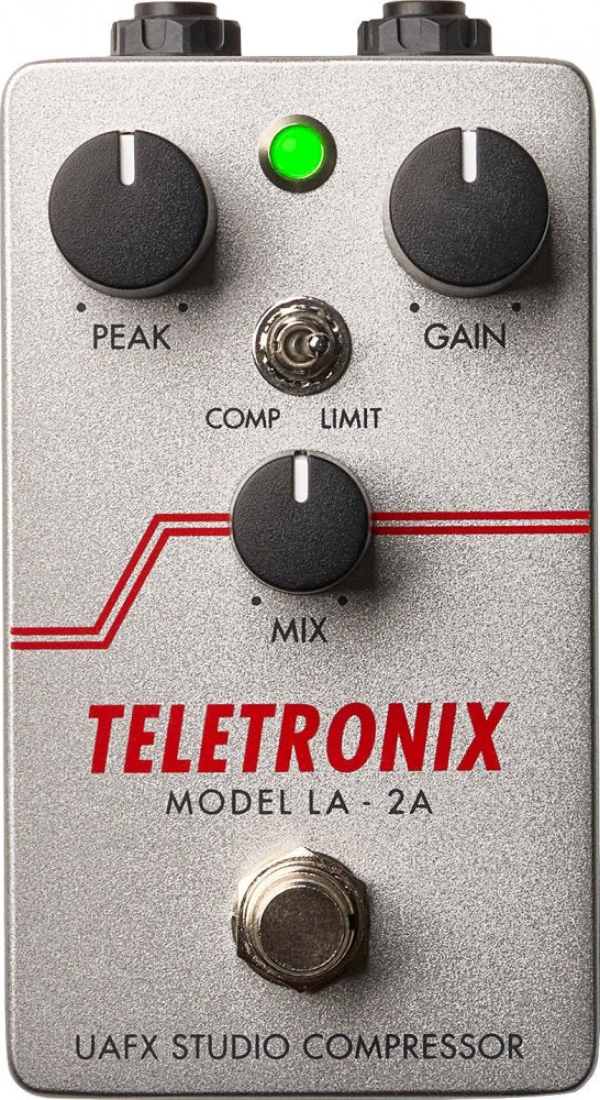 Silver guitar effects pedal with three black knobs, a toggle switch, LED light, and a footswitch labeled Teletronix Model LA-2A.