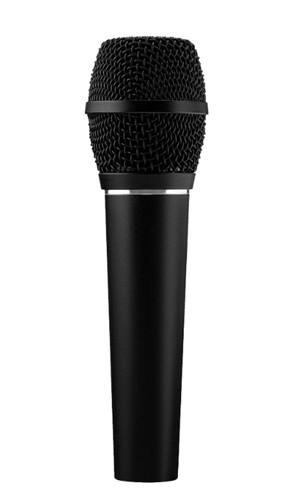 Black handheld microphone with a round mesh grille and a silver ring near the top of the handle.