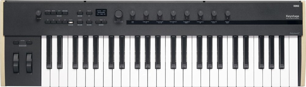 Black and beige MIDI keyboard controller with 49 keys, multiple knobs, buttons, and two modulation wheels on the left.