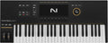 Black MIDI keyboard controller with 49 keys, multiple buttons, knobs, dual wheels, and a display screen showing NI logo.