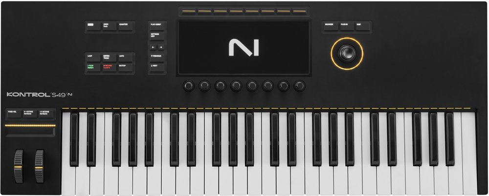 Black MIDI keyboard controller with 49 keys, multiple buttons, knobs, dual wheels, and a display screen showing NI logo.