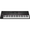 Black MIDI controller keyboard with 61 keys, multiple knobs, buttons, a joystick, and a rectangular touchscreen display.