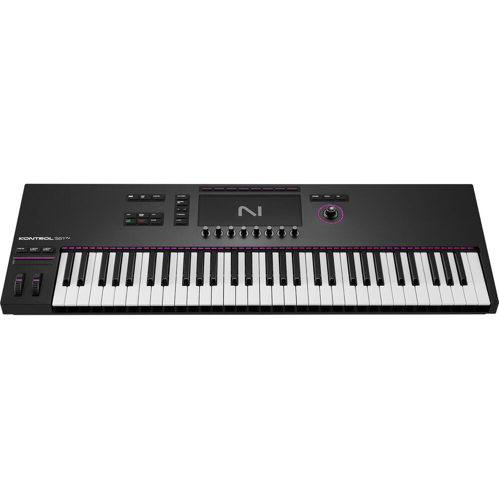 Black MIDI controller keyboard with 61 keys, multiple knobs, buttons, a joystick, and a rectangular touchscreen display.