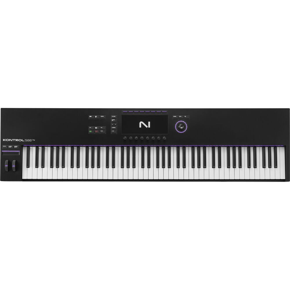 Full view of a black MIDI keyboard controller with 88 keys, screen, buttons, and control wheels.