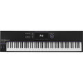 Full view of a black MIDI keyboard controller with 88 keys, screen, buttons, and control wheels.