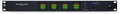 Black 1U rackmount audio device with level meters, rotary knob, buttons, and digital clock display.