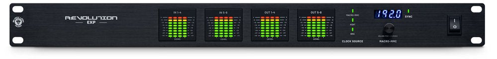 Black 1U rackmount audio device with level meters, rotary knob, buttons, and digital clock display.